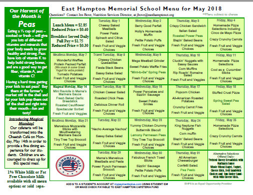 May Lunch Menu | Memorial School