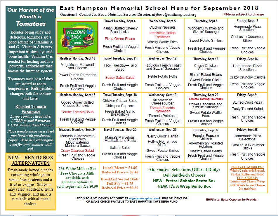 September Lunch Menu | Memorial School