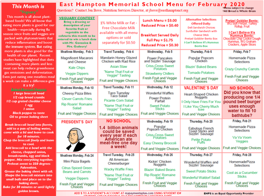 February Lunch Menu | Memorial School