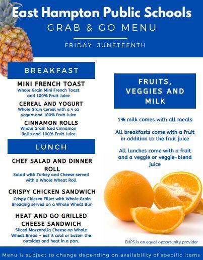 Grab & Go Menu for Friday 6/19 | East Hampton Public Schools